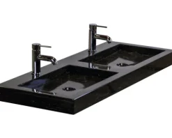 Badmöbel-Set Sanox Seville BxHxT 121 x 170 x 45,5 cm Frontfarbe beton anthrazit mit Waschtisch Naturstein schwarz und Waschtischunterschrank Spiegel mit LED-Beleuchtung Doppelwaschtisch