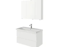 Badmöbelset 3-teilig Pelipal Serie 4035 BxHxT 90 x 200 x 45 cm Frontfarbe weiß mit Waschtisch Keramik weiß und Keramik-Waschtisch Waschtischunterschrank Spiegelschrank mit LED-Beleuchtung 40350900121150