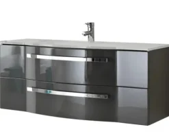 Badmöbelset 3-teilig Pelipal xpressline 4005 BxHxT 120 x 200 x 49,1 cm Frontfarbe grau hochglanz mit Waschtisch Glas weiß und Glaswaschtisch Waschtischunterschrank Spiegelschrank mit LED-Beleuchtung Griff chrom glanz 992.1200112 9921200112