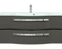 Badmöbelset 3-teilig Pelipal xpressline 4005 BxHxT 120 x 200 x 49,1 cm Frontfarbe grau hochglanz mit Waschtisch Glas weiß und Glaswaschtisch Waschtischunterschrank Spiegelschrank mit LED-Beleuchtung Griff chrom glanz 992.1200112 9921200112