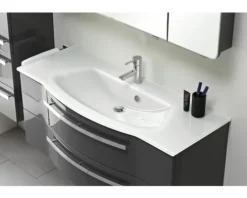 Badmöbelset 3-teilig Pelipal xpressline 4005 BxHxT 120 x 200 x 49,1 cm Frontfarbe grau hochglanz mit Waschtisch Glas weiß und Glaswaschtisch Waschtischunterschrank Spiegelschrank mit LED-Beleuchtung Griff chrom glanz 992.1200112 9921200112