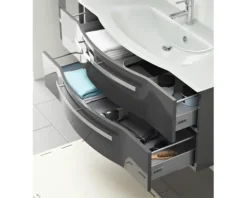 Badmöbelset 3-teilig Pelipal xpressline 4005 BxHxT 120 x 200 x 49,1 cm Frontfarbe grau hochglanz mit Waschtisch Glas weiß und Glaswaschtisch Waschtischunterschrank Spiegelschrank mit LED-Beleuchtung Griff chrom glanz 992.1200112 9921200112