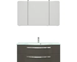 Badmöbelset 3-teilig Pelipal xpressline 4005 BxHxT 120 x 200 x 49,1 cm Frontfarbe grau hochglanz mit Waschtisch Glas weiß und Glaswaschtisch Waschtischunterschrank Spiegelschrank mit LED-Beleuchtung Griff chrom glanz 992.1200112 9921200112