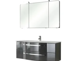 Badmöbelset 3-teilig Pelipal xpressline 4005 BxHxT 120 x 200 x 49,1 cm Frontfarbe grau hochglanz mit Waschtisch Glas weiß und Glaswaschtisch Waschtischunterschrank Spiegelschrank mit LED-Beleuchtung Griff chrom glanz 992.1200112 9921200112