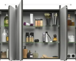 Badmöbelset 3-teilig Pelipal xpressline 4005 BxHxT 120 x 200 x 49,1 cm Frontfarbe grau hochglanz mit Waschtisch Glas weiß und Glaswaschtisch Waschtischunterschrank Spiegelschrank mit LED-Beleuchtung Griff chrom glanz 992.1200112 9921200112