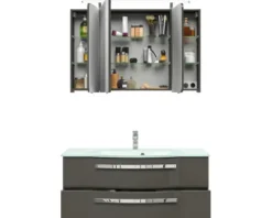 Badmöbelset 3-teilig Pelipal xpressline 4005 BxHxT 120 x 200 x 49,1 cm Frontfarbe grau hochglanz mit Waschtisch Glas weiß und Glaswaschtisch Waschtischunterschrank Spiegelschrank mit LED-Beleuchtung Griff chrom glanz 992.1200112 9921200112