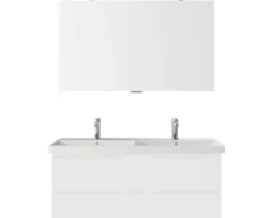 Badmöbelset 3-teilig Pelipal Serie 4035 BxHxT 120 x 200 x 45 cm Frontfarbe weiß mit Waschtisch Keramik weiß und Keramik-Doppelwaschtisch Waschtischunterschrank Spiegel mit LED-Beleuchtung 40351200122150