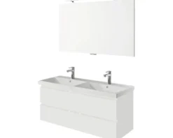 Badmöbelset 3-teilig Pelipal Serie 4035 BxHxT 120 x 200 x 45 cm Frontfarbe weiß mit Waschtisch Keramik weiß und Keramik-Doppelwaschtisch Waschtischunterschrank Spiegel mit LED-Beleuchtung 40351200122150