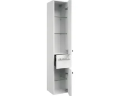 Badmöbelset 4-teilig Pelipal xpressline 4005 BxHxT 122 x 200 x 49,1 cm Frontfarbe weiß hochglanz mit Waschtisch Glas weiß und Glaswaschtisch Waschtischunterschrank Spiegelschrank mit LED-Beleuchtung Hochschrank Griff chrom glanz 4005.0900112110