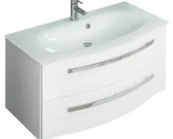 Badmöbelset 4-teilig Pelipal xpressline 4005 BxHxT 122 x 200 x 49,1 cm Frontfarbe weiß hochglanz mit Waschtisch Glas weiß und Glaswaschtisch Waschtischunterschrank Spiegelschrank mit LED-Beleuchtung Hochschrank Griff chrom glanz 4005.0900112110