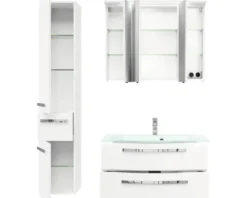 Badmöbelset 4-teilig Pelipal xpressline 4005 BxHxT 122 x 200 x 49,1 cm Frontfarbe weiß hochglanz mit Waschtisch Glas weiß und Glaswaschtisch Waschtischunterschrank Spiegelschrank mit LED-Beleuchtung Hochschrank Griff chrom glanz 4005.0900112110