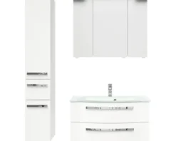 Badmöbelset 4-teilig Pelipal xpressline 4005 BxHxT 122 x 200 x 49,1 cm Frontfarbe weiß hochglanz mit Waschtisch Glas weiß und Glaswaschtisch Waschtischunterschrank Spiegelschrank mit LED-Beleuchtung Hochschrank Griff chrom glanz 4005.0900112110