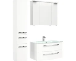 Badmöbelset 4-teilig Pelipal xpressline 4005 BxHxT 122 x 200 x 49,1 cm Frontfarbe weiß hochglanz mit Waschtisch Glas weiß und Glaswaschtisch Waschtischunterschrank Spiegelschrank mit LED-Beleuchtung Hochschrank Griff chrom glanz 4005.0900112110