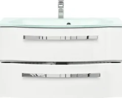 Badmöbelset 4-teilig Pelipal xpressline 4005 BxHxT 122 x 200 x 49,1 cm Frontfarbe weiß hochglanz mit Waschtisch Glas weiß und Glaswaschtisch Waschtischunterschrank Spiegelschrank mit LED-Beleuchtung Hochschrank Griff chrom glanz 4005.0900112110