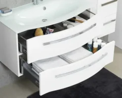 Badmöbelset 4-teilig Pelipal xpressline 4005 BxHxT 122 x 200 x 49,1 cm Frontfarbe weiß hochglanz mit Waschtisch Glas weiß und Glaswaschtisch Waschtischunterschrank Spiegelschrank mit LED-Beleuchtung Hochschrank Griff chrom glanz 4005.0900112110