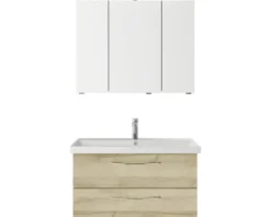 Badmöbelset 3-teilig Pelipal Serie 4035 BxHxT 90 x 200 x 45 cm Frontfarbe eiche riviera mit Waschtisch Keramik weiß und Keramik-Waschtisch Waschtischunterschrank Spiegelschrank mit LED-Beleuchtung Griff chrom glanz 40350900111470