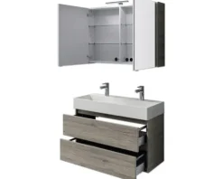 Badmöbelset 5-teilig und mehr Pelipal Torino BxHxT 101 x 200 x 40 cm Frontfarbe eiche sanremo mit Waschtisch Keramik weiß und Keramik-Doppelwaschtisch Waschtischunterschrank Spiegelschrank mit LED-Beleuchtung SET-125-034