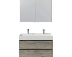 Badmöbelset 5-teilig und mehr Pelipal Torino BxHxT 101 x 200 x 40 cm Frontfarbe eiche sanremo mit Waschtisch Keramik weiß und Keramik-Doppelwaschtisch Waschtischunterschrank Spiegelschrank mit LED-Beleuchtung SET-125-034