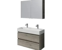 Badmöbelset 5-teilig und mehr Pelipal Torino BxHxT 101 x 200 x 40 cm Frontfarbe eiche sanremo mit Waschtisch Keramik weiß und Keramik-Doppelwaschtisch Waschtischunterschrank Spiegelschrank mit LED-Beleuchtung SET-125-034