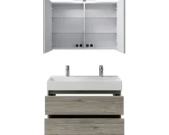 Badmöbelset 5-teilig und mehr Pelipal Torino BxHxT 101 x 200 x 40 cm Frontfarbe eiche sanremo mit Waschtisch Keramik weiß und Keramik-Doppelwaschtisch Waschtischunterschrank Spiegelschrank mit LED-Beleuchtung SET-125-034