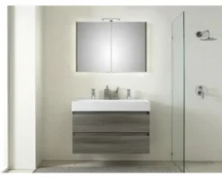 Badmöbelset 5-teilig und mehr Pelipal Torino BxHxT 101 x 200 x 40 cm Frontfarbe eiche sanremo mit Waschtisch Keramik weiß und Keramik-Doppelwaschtisch Waschtischunterschrank Spiegelschrank mit LED-Beleuchtung SET-125-034