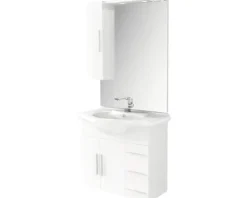 Badmöbel-Set Baden Haus Aida BxHxT 85 x 174,25 x 50 cm Frontfarbe weiß hochglanz mit Waschtisch Keramik weiß und Waschtisch Halogenlampe Spiegel Waschtischunterschrank Wandschrank