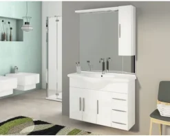 Badmöbel-Set Baden Haus Aida BxHxT 105 x 173 x 50 cm Frontfarbe weiß hochglanz mit Waschtisch Keramik weiß und Unterschrank Spiegel