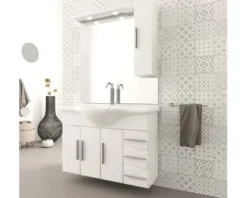 Badmöbel-Set Baden Haus Aida BxHxT 105 x 173 x 50 cm Frontfarbe weiß hochglanz mit Waschtisch Keramik weiß und Unterschrank Spiegel