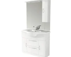 Badmöbel-Set Baden Haus Bahia BxHxT 105 x 190 x 50 cm Frontfarbe weiß hochglanz mit Waschtisch Keramik weiß und Waschtisch Unterschrank mit 2 Türen und 2 Schubladen Schubkästen mit Soft-Close-Funktion Spiegel Lichtblende