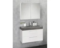 Badmöbel-Set Differnz Somero BxHxT 80 x 170 x 38 cm Frontfarbe weiß hochglanz mit Waschtisch Beton grau