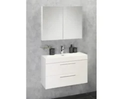 Badmöbel-Set Differnz Somero BxHxT 60 x 170 x 38 cm Frontfarbe weiß hochglanz mit Waschtisch Mineralguss weiß