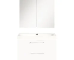 Badmöbel-Set Differnz Somero BxHxT 60 x 170 x 38 cm Frontfarbe weiß hochglanz mit Waschtisch Mineralguss weiß