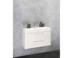 Badmöbel-Set Differnz Somero BxHxT 60 x 57 x 38 cm Frontfarbe weiß hochglanz mit Waschtisch Mineralguss weiß
