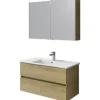 Badmöbel-Set Pelipal Cavallino BxHxT 100 x 200 x 46 cm Frontfarbe eiche riviera mit Keramik-Waschtisch weiß, Waschtischunterschrank und Spiegelschrank mit LED-Beleuchtung
