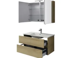 Badmöbel-Set Pelipal Cavallino BxHxT 100 x 200 x 46 cm Frontfarbe eiche riviera mit Keramik-Waschtisch weiß, Waschtischunterschrank und Spiegelschrank mit LED-Beleuchtung