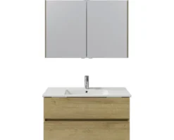 Badmöbel-Set Pelipal Cavallino BxHxT 100 x 200 x 46 cm Frontfarbe eiche riviera mit Keramik-Waschtisch weiß, Waschtischunterschrank und Spiegelschrank mit LED-Beleuchtung