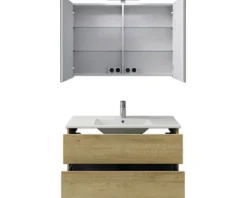 Badmöbel-Set Pelipal Cavallino BxHxT 100 x 200 x 46 cm Frontfarbe eiche riviera mit Keramik-Waschtisch weiß, Waschtischunterschrank und Spiegelschrank mit LED-Beleuchtung