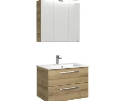 Badmöbel-Set Pelipal Kumba BxHxT 77 x 200 x 50 cm Frontfarbe eiche riviera mit Mineralguss-Waschtisch weiß 99.77012647