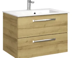 Badmöbel-Set Pelipal Kumba BxHxT 77 x 200 x 50 cm Frontfarbe eiche riviera mit Mineralguss-Waschtisch weiß 99.77012647