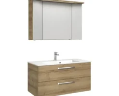 Badmöbel-Set Pelipal Kumba BxHxT 107 x 200 x 50 cm Frontfarbe eiche riviera mit Mineralguss-Waschtisch weiß 99.107012147