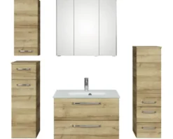 Badmöbel-Set Pelipal Kumba BxHxT 137 x 200 x 50 cm Frontfarbe eiche riviera 5-teilig und mehr mit Glas-Waschtisch weiß, Hochschrank, Unterschrank und Wandschrank 99.770326473