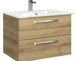 Badmöbel-Set Pelipal Kumba BxHxT 137 x 200 x 50 cm Frontfarbe eiche riviera 5-teilig und mehr mit Glas-Waschtisch weiß, Hochschrank, Unterschrank und Wandschrank 99.770326473