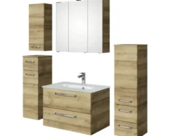 Badmöbel-Set Pelipal Kumba BxHxT 137 x 200 x 50 cm Frontfarbe eiche riviera 5-teilig und mehr mit Glas-Waschtisch weiß, Hochschrank, Unterschrank und Wandschrank 99.770326473