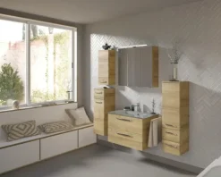 Badmöbel-Set Pelipal Kumba BxHxT 137 x 200 x 50 cm Frontfarbe eiche riviera 5-teilig und mehr mit Glas-Waschtisch weiß, Hochschrank, Unterschrank und Wandschrank 99.770326473