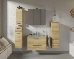 Badmöbel-Set Pelipal Kumba BxHxT 137 x 200 x 50 cm Frontfarbe eiche riviera 5-teilig und mehr mit Glas-Waschtisch weiß, Hochschrank, Unterschrank und Wandschrank 99.770326473