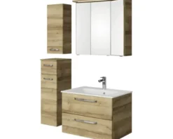 Badmöbel-Set Pelipal Kumba BxHxT 107 x 200 x 50 cm Frontfarbe eiche riviera 5-teilig und mehr mit Mineralguss-Waschtisch weiß, Unterschrank und Wandschrank 99.770121474