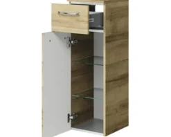 Badmöbel-Set Pelipal Kumba BxHxT 107 x 200 x 50 cm Frontfarbe eiche riviera 5-teilig und mehr mit Mineralguss-Waschtisch weiß, Unterschrank und Wandschrank 99.770121474