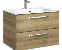 Badmöbel-Set Pelipal Kumba BxHxT 107 x 200 x 50 cm Frontfarbe eiche riviera 5-teilig und mehr mit Mineralguss-Waschtisch weiß, Unterschrank und Wandschrank 99.770121474