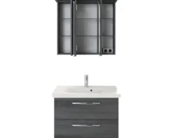Badmöbel-Set Pelipal Kumba BxHxT 80 x 200 x 51 cm Frontfarbe graphit struktur quer mit Mineralguss-Waschtisch weiß 99.77022519