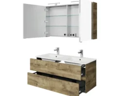 Badmöbel-Set Pelipal Napoli BxHxT 120 x 200 x 46,5 cm Frontfarbe eiche ribbeck mit Keramik-Doppelwaschtisch weiß SET-150-046